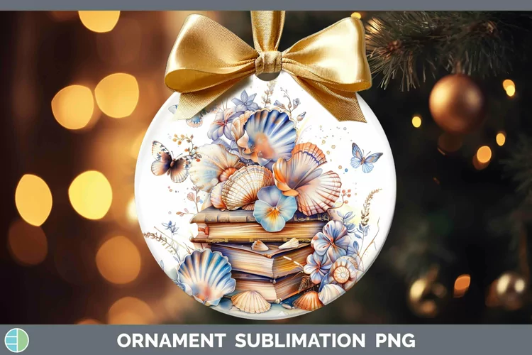 Watercolor Books Seashell Ornament Sublimation Bauble Design