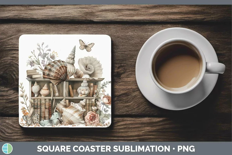 Watercolor Books Seashell Square Coaster Sublimation Coaster