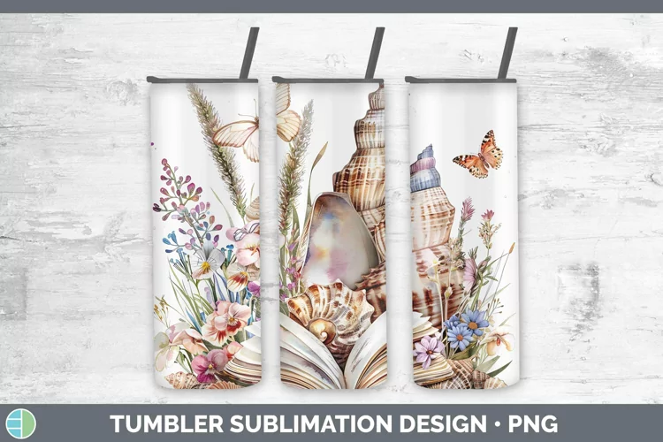 Watercolor Books Seashell Tumbler Sublimation 20 oz Skinny T