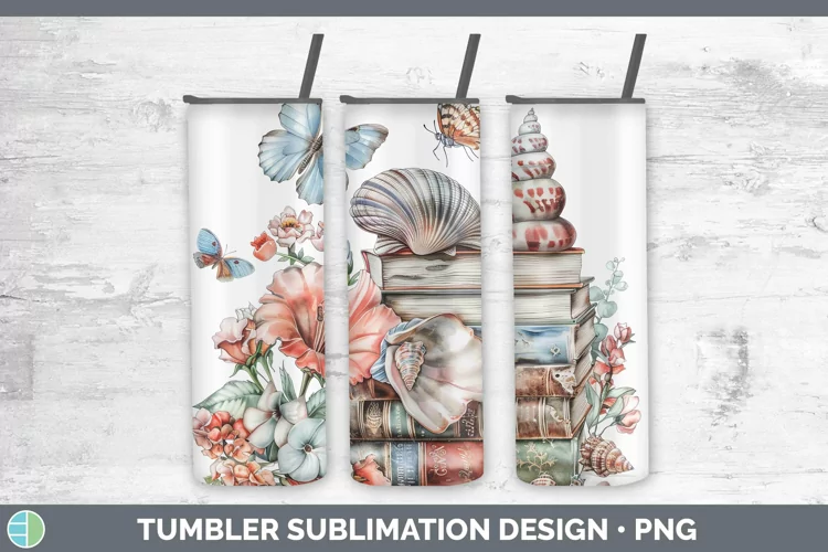 Watercolor Books Seashell Tumbler Sublimation 20 oz Skinny T
