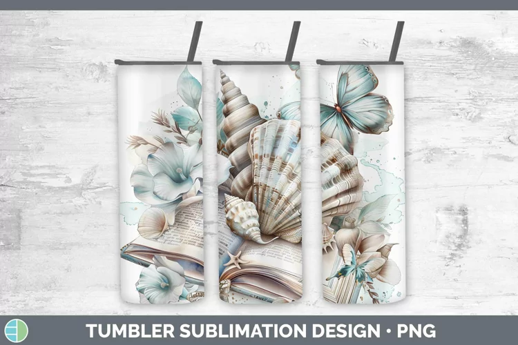 Watercolor Books Seashell Tumbler Sublimation 20 oz Skinny T