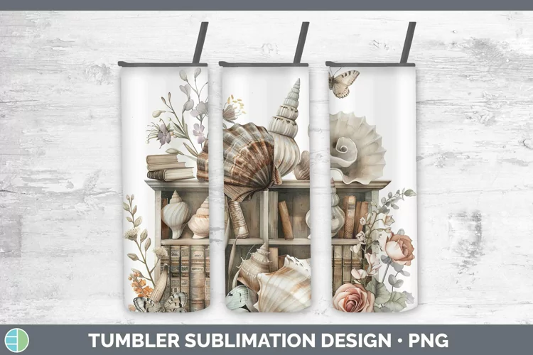 Watercolor Books Seashell Tumbler Sublimation 20 oz Skinny T