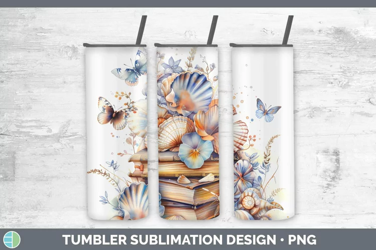 Watercolor Books Seashell Tumbler Sublimation 20 oz Skinny T