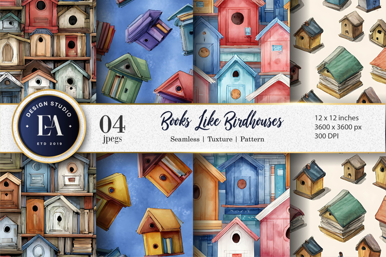 Birdhouse Shaped Books Watercolor Seamless Digital Paper