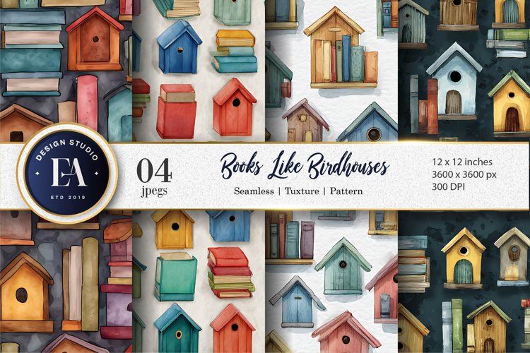 Birdhouse Shaped Books Watercolor Seamless Digital Paper