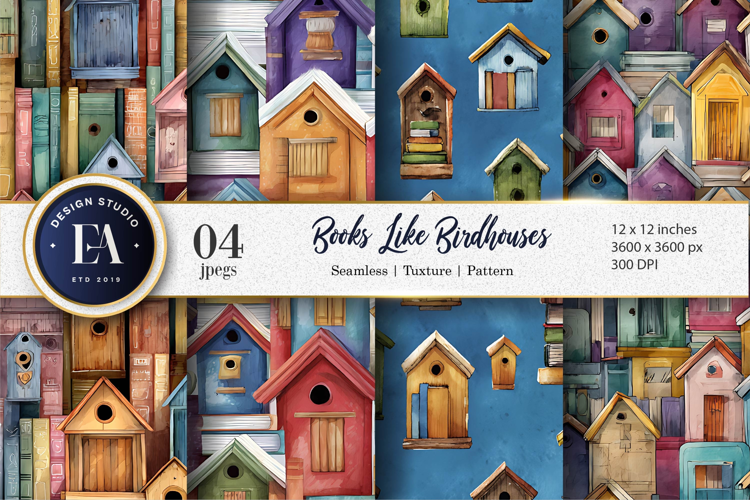 Birdhouse Shaped Watercolor Books Seamless Digital Paper