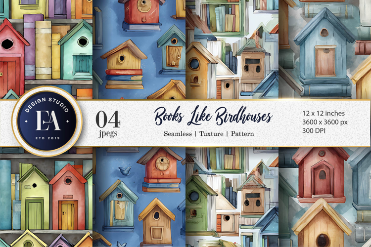 Books Shaped Like Watercolor Birdhouses Digital Paper
