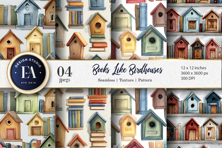 Watercolor Books Birdhouse Shape Seamless Digital Paper