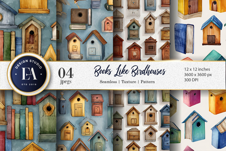 Watercolor Books Birdhouse Shape Seamless Digital Paper