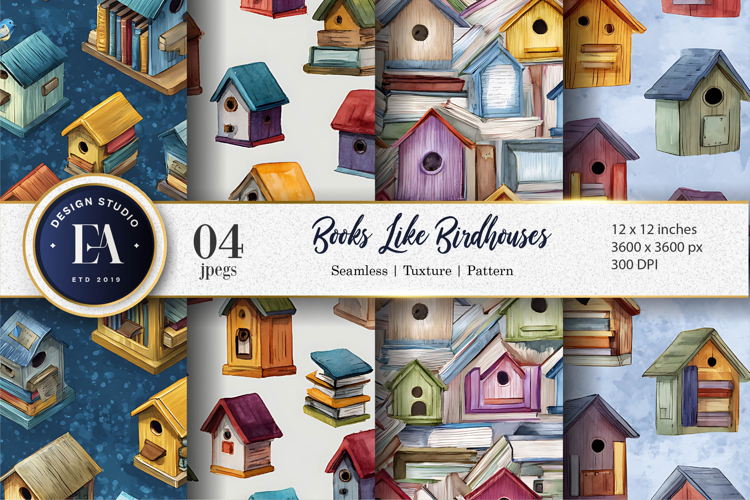 Books Shaped Like Watercolor Birdhouses Digital Paper
