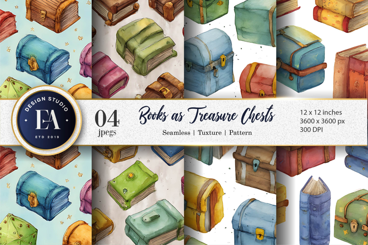 Watercolor Books Shaped Like Treasure Chests Digital Paper