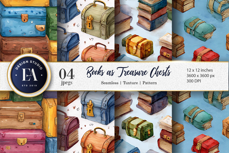 Watercolor Books Shaped Like Treasure Chests Digital Paper