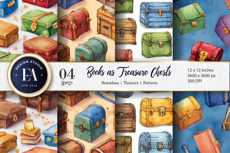 Hand-Painted Books Shaped Like Treasure Chests Digital Paper
