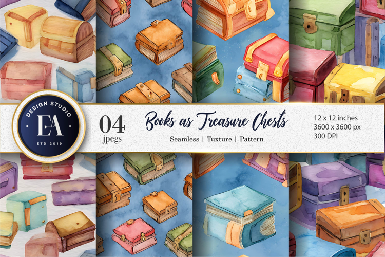 Watercolor Book Chests Seamless Pattern Digital Paper