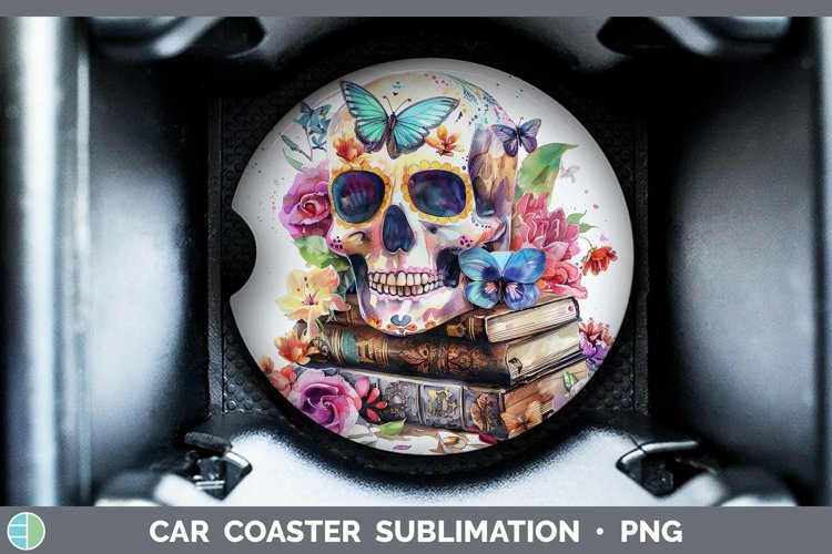 Watercolor Books Sugar Skull Car Coaster Sublimation Coaster
