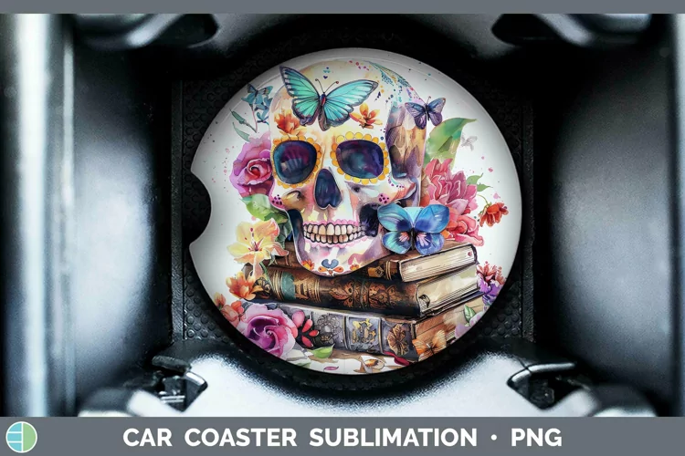 Watercolor Books Sugar Skull Car Coaster Sublimation Coaster