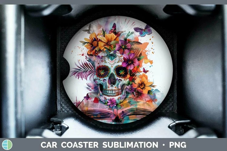 Watercolor Books Sugar Skull Car Coaster Sublimation Coaster
