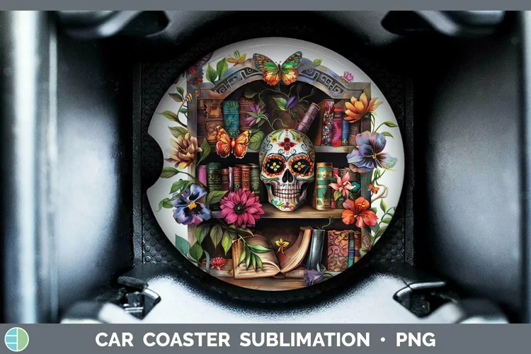 Watercolor Books Sugar Skull Car Coaster Sublimation Coaster