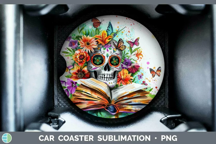Watercolor Books Sugar Skull Car Coaster Sublimation Coaster