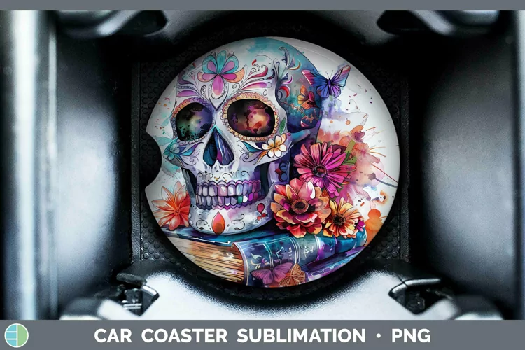 Watercolor Books Sugar Skull Car Coaster Sublimation Coaster