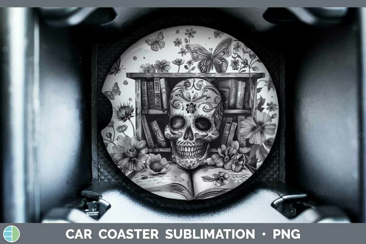 Watercolor Books Sugar Skull Car Coaster Sublimation Coaster