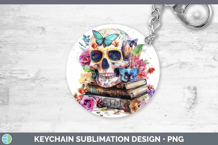 Watercolor Books Sugar Skull Keychain Sublimation Keyring De