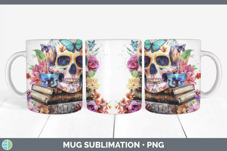 Watercolor Books Sugar Skull Mug Wrap Sublimation Coffee Cup