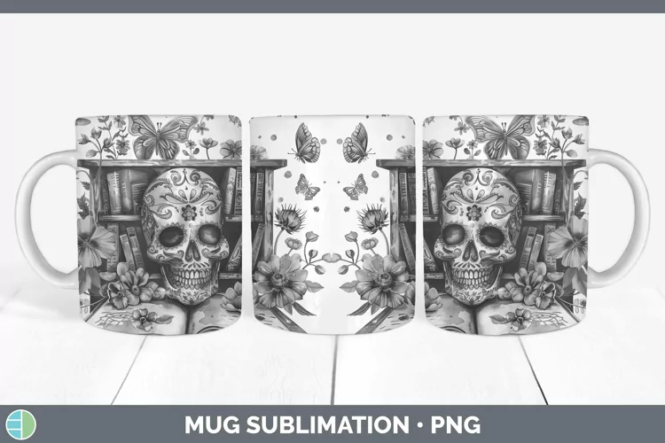 Watercolor Books Sugar Skull Mug Wrap Sublimation Coffee Cup