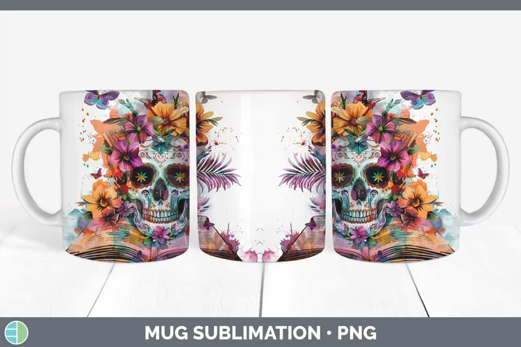 Watercolor Books Sugar Skull Mug Wrap Sublimation Coffee Cup