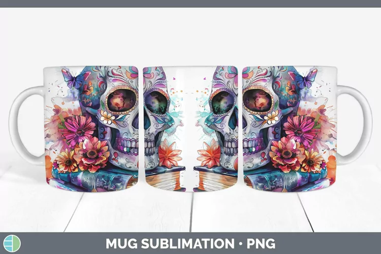 Watercolor Books Sugar Skull Mug Wrap Sublimation Coffee Cup