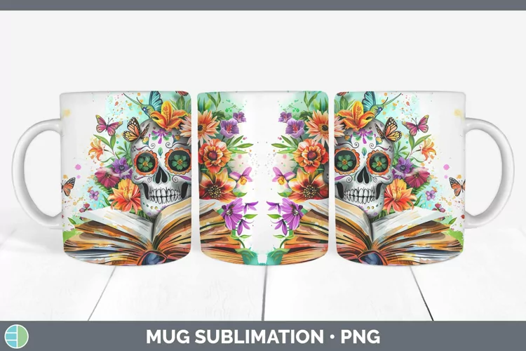 Watercolor Books Sugar Skull Mug Wrap Sublimation Coffee Cup