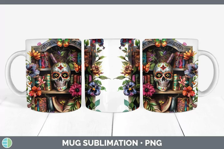 Watercolor Books Sugar Skull Mug Wrap Sublimation Coffee Cup