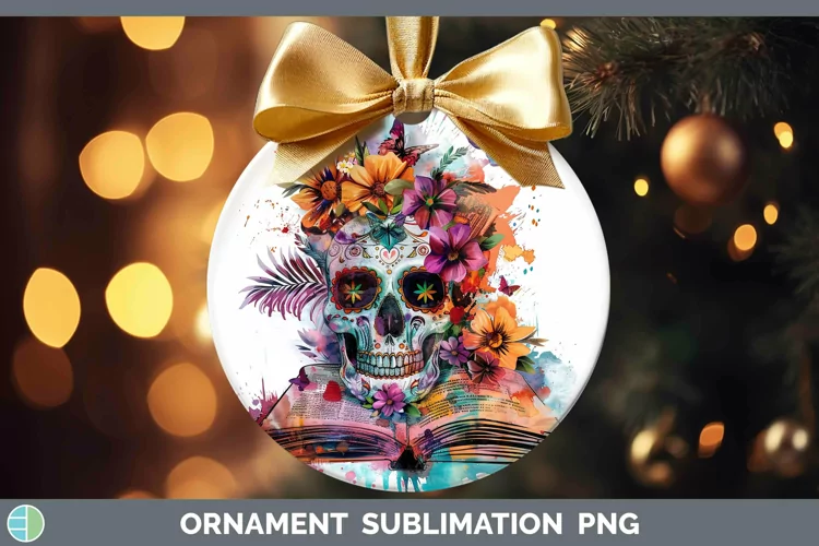 Watercolor Books Sugar Skull Ornament Sublimation Bauble Des