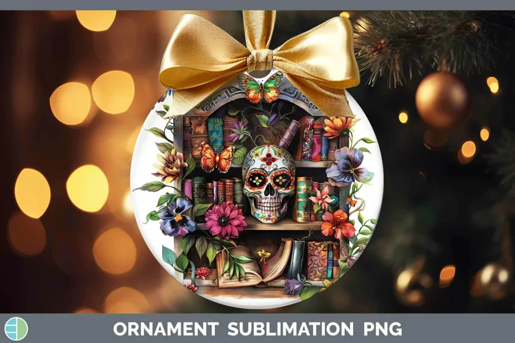 Watercolor Books Sugar Skull Ornament Sublimation Bauble Des