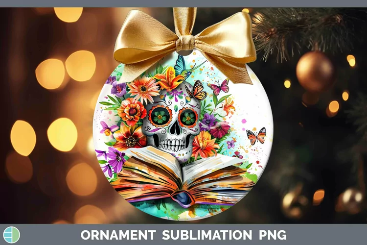 Watercolor Books Sugar Skull Ornament Sublimation Bauble Des