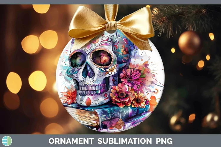 Watercolor Books Sugar Skull Ornament Sublimation Bauble Des
