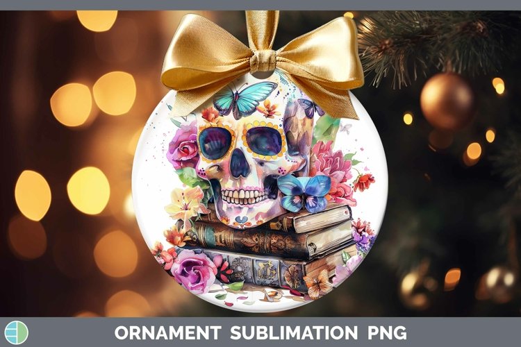 Watercolor Books Sugar Skull Ornament Sublimation Bauble Des