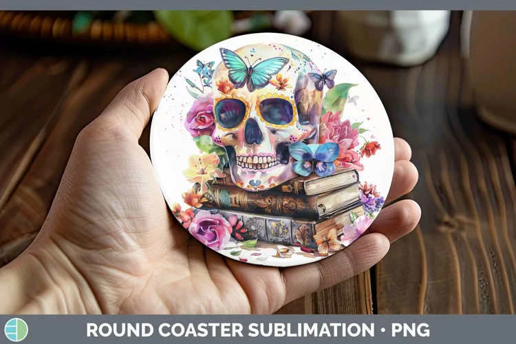 Watercolor Books Sugar Skull Round Coaster Sublimation Coast