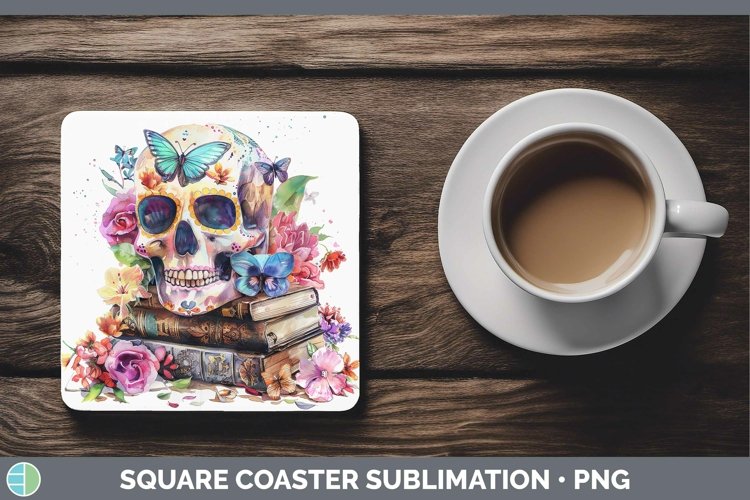 Watercolor Books Sugar Skull Square Coaster Sublimation Coas