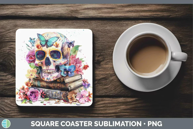 Watercolor Books Sugar Skull Square Coaster Sublimation Coas