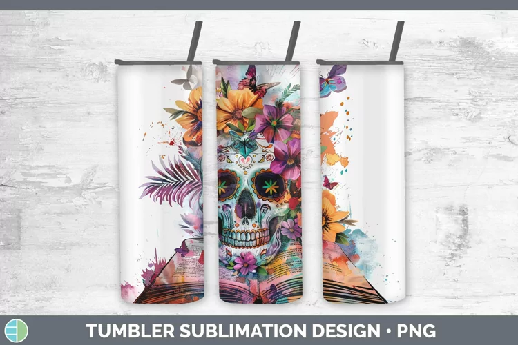 Watercolor Books Sugar Skull Tumbler Sublimation 20 oz Skinn