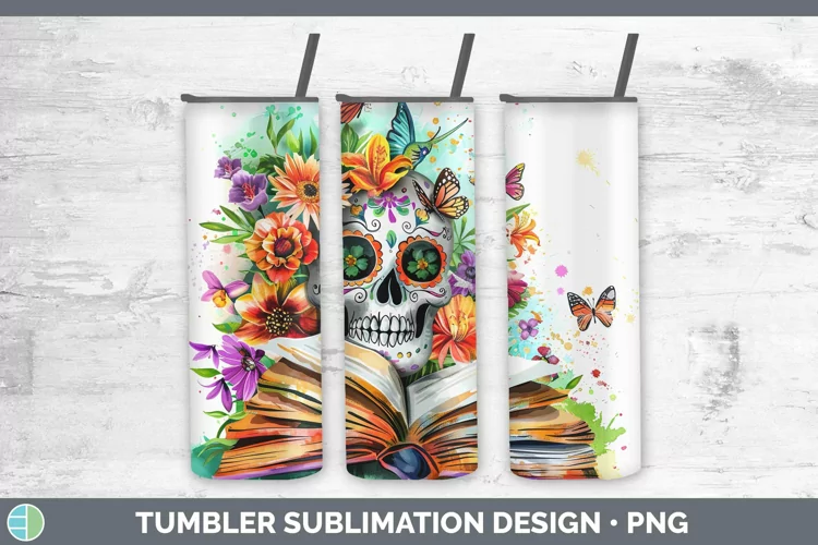Watercolor Books Sugar Skull Tumbler Sublimation 20 oz Skinn