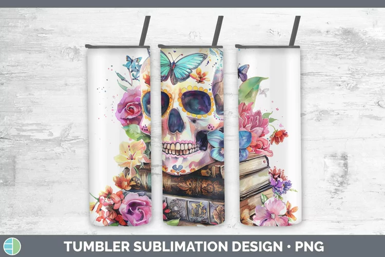 Watercolor Books Sugar Skull Tumbler Sublimation 20 oz Skinn