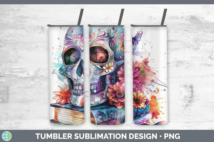 Watercolor Books Sugar Skull Tumbler Sublimation 20 oz Skinn