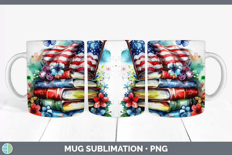 Watercolor Books USA Flag Mug Wrap Sublimation Coffee Cup De