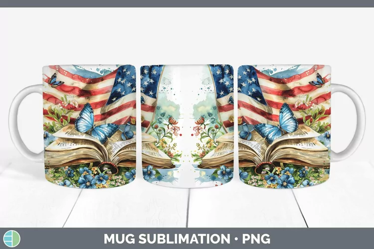 Watercolor Books USA Flag Mug Wrap Sublimation Coffee Cup De