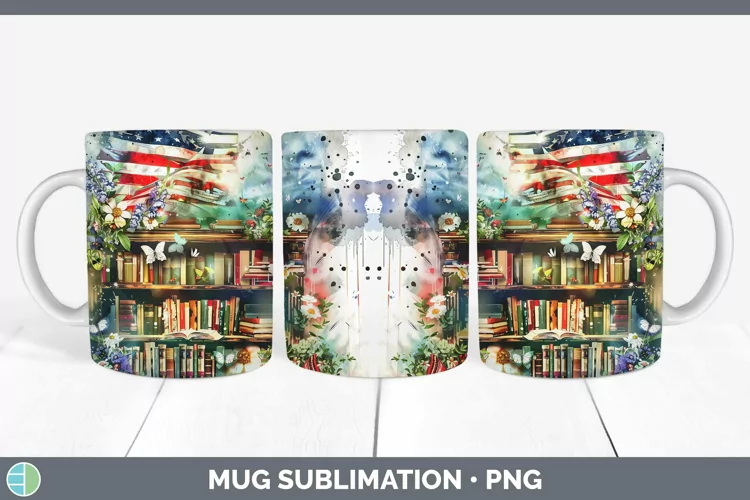 Watercolor Books USA Flag Mug Wrap Sublimation Coffee Cup De