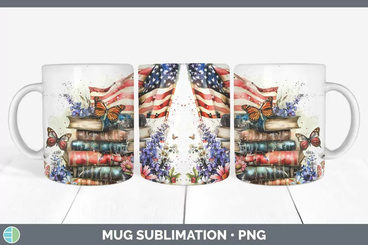 Watercolor Books USA Flag Mug Wrap Sublimation Coffee Cup De