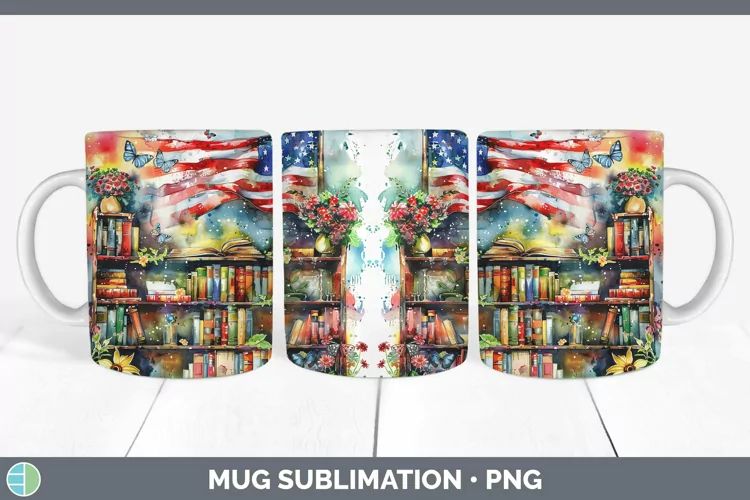 Watercolor Books USA Flag Mug Wrap Sublimation Coffee Cup De