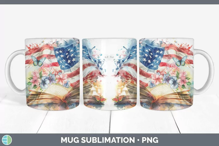 Watercolor Books USA Flag Mug Wrap Sublimation Coffee Cup De